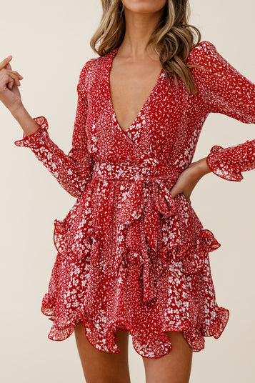 Shop the Greta Tiered Ruffle Chiffon Dress Floral Print Red | Selfie Leslie