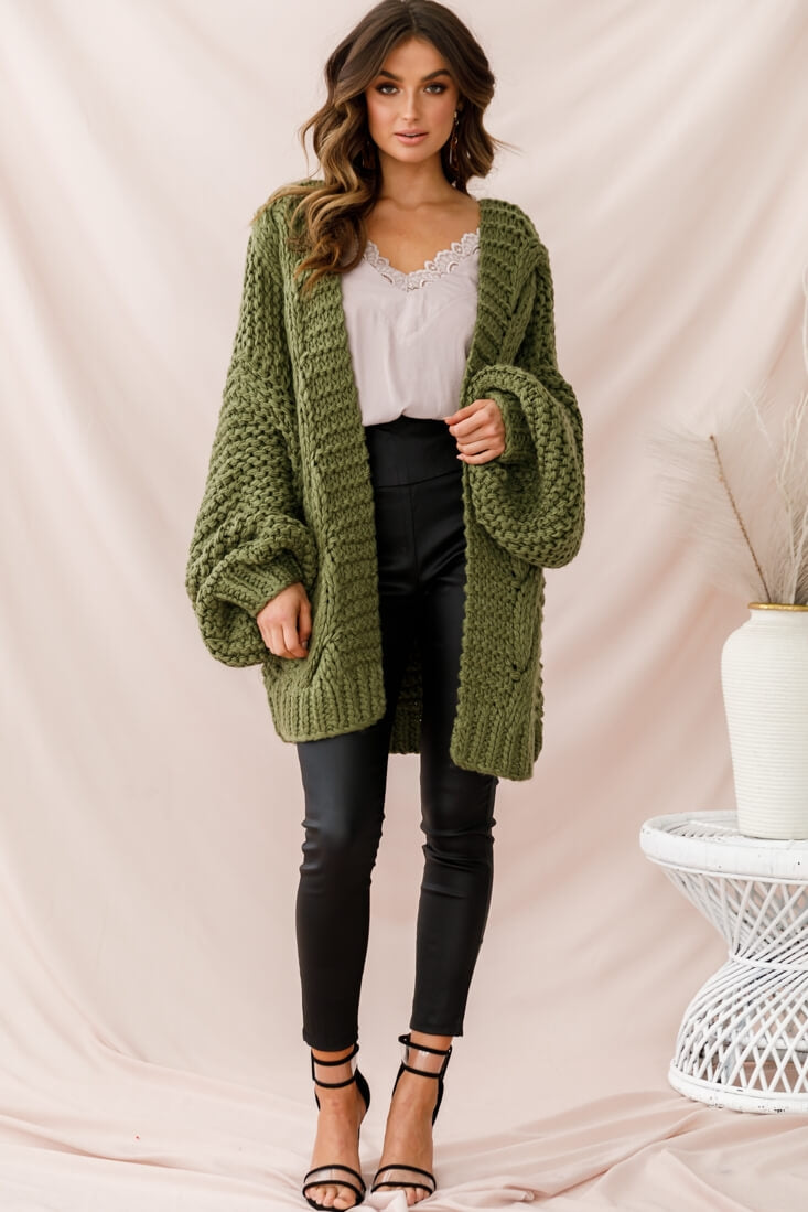 Shop the Vermont Oversized Garter Knit Cardigan Olive | Selfie Leslie