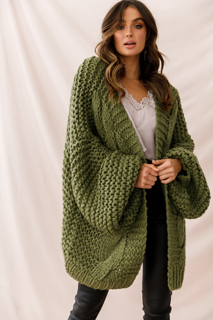 Shop the Vermont Oversized Garter Knit Cardigan Olive | Selfie Leslie