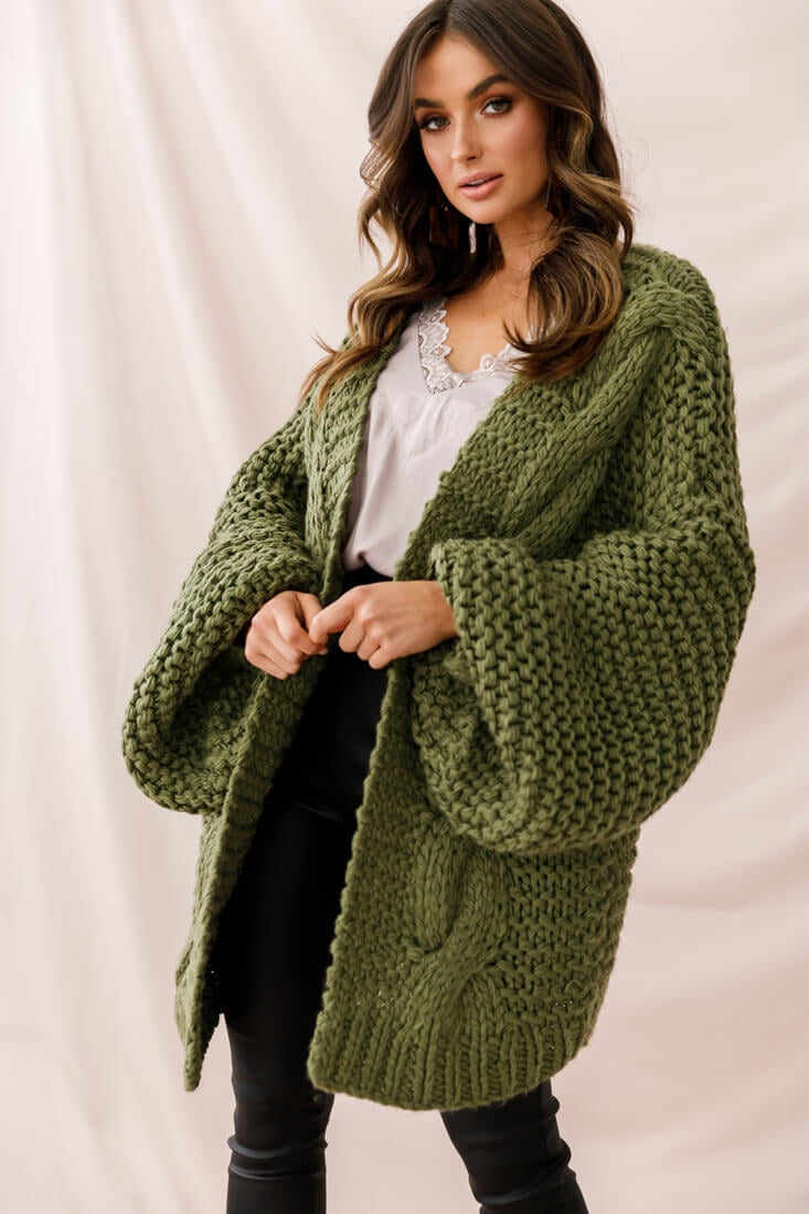 Shop the Vermont Oversized Garter Knit Cardigan Olive | Selfie Leslie