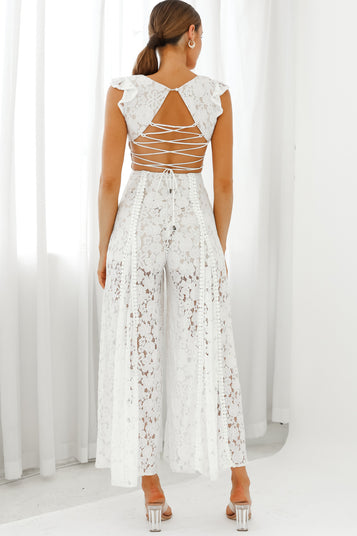 Shop the Take Note Laced-Back Frill Shoulder Lace Jumpsuit White ...