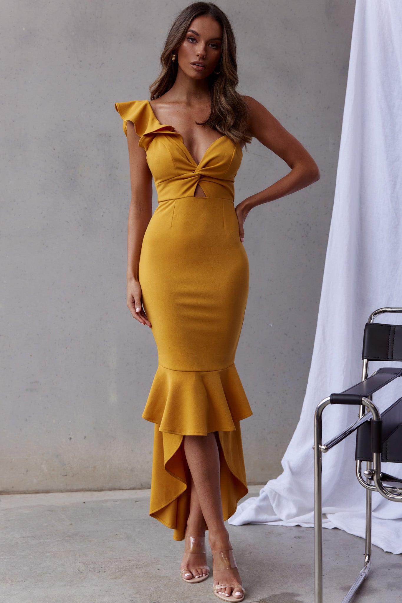 Shop the Pearl Ruffle Strap Twist Bust Dress Mustard | Selfie Leslie