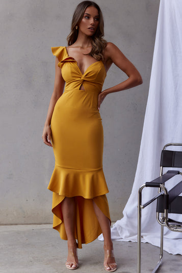 Shop the Pearl Ruffle Strap Twist Bust Dress Mustard | Selfie Leslie