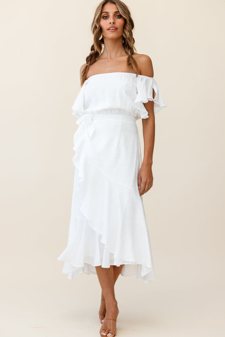 Shop the Bettina Bardot Neckline Faux-Wrap Midi Dress White | Selfie Leslie