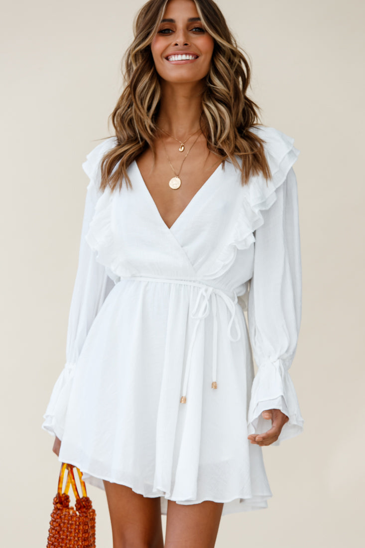Shop the Adina Fluted Long Sleeve Frill Detail Dress White | Selfie Leslie
