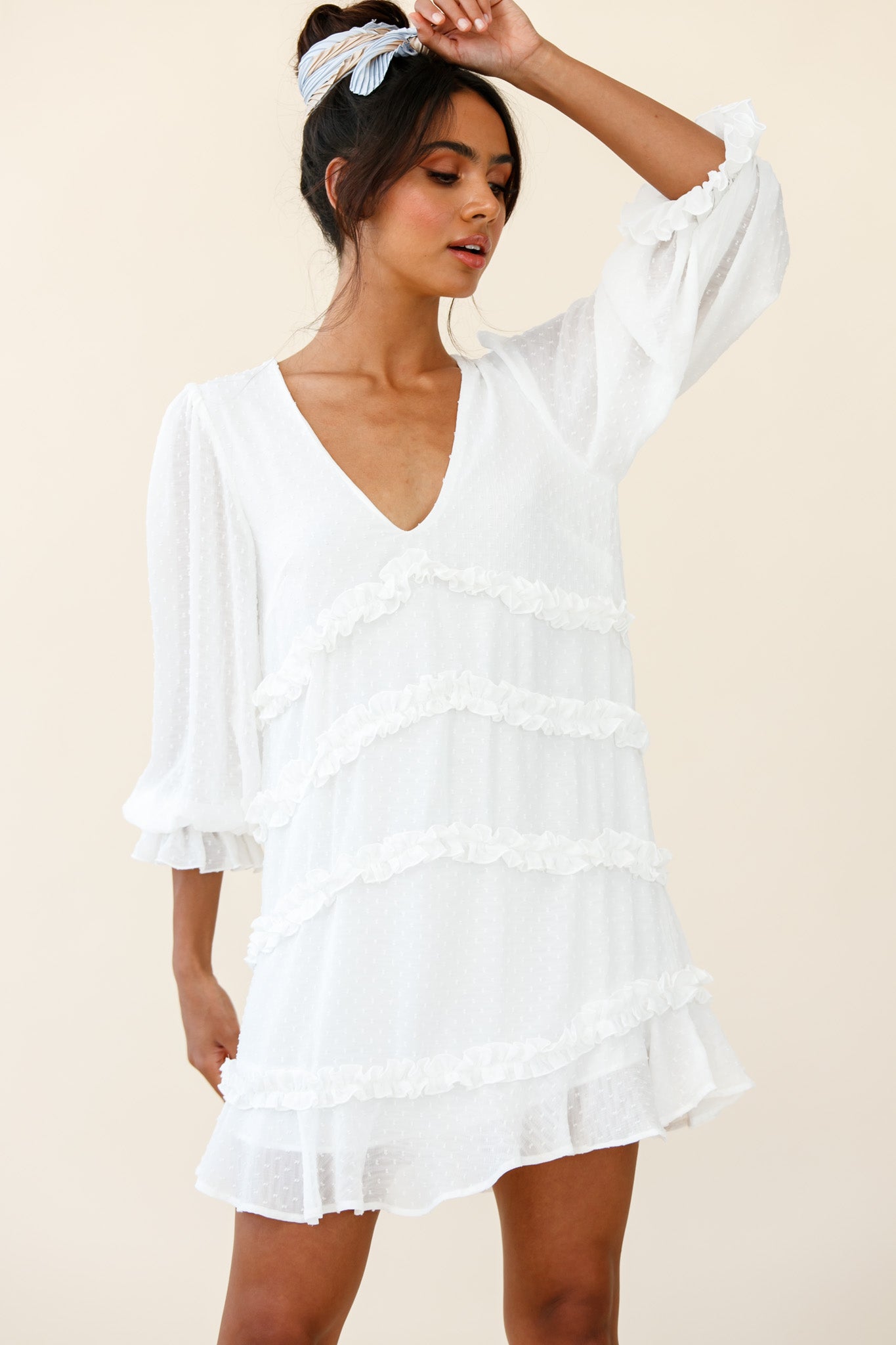 Shop the Tabitha Balloon Sleeve Loose Fit Frill Detail Dress White ...