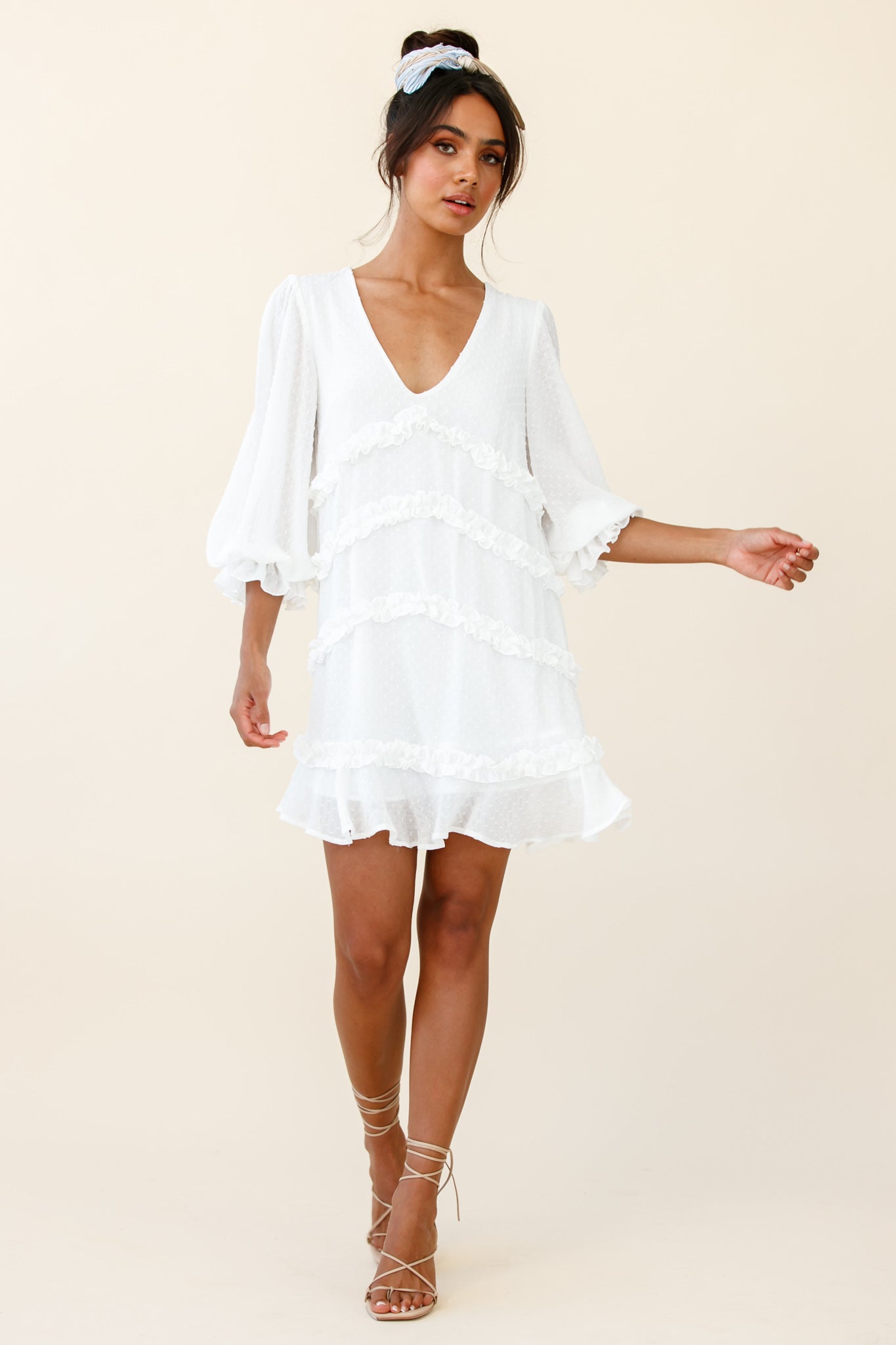 Shop the Tabitha Balloon Sleeve Loose Fit Frill Detail Dress White ...