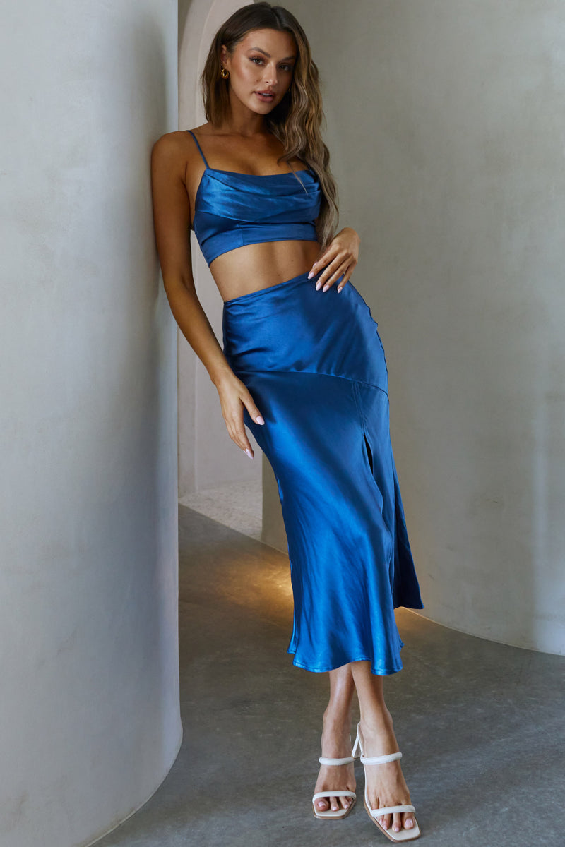 Shop the Well Versed Split Midi Skirt Navy | Selfie Leslie