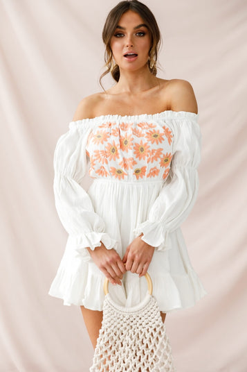 Shop the Kayla Off-Shoulder Daisy Embroidered Dress White | Selfie Leslie