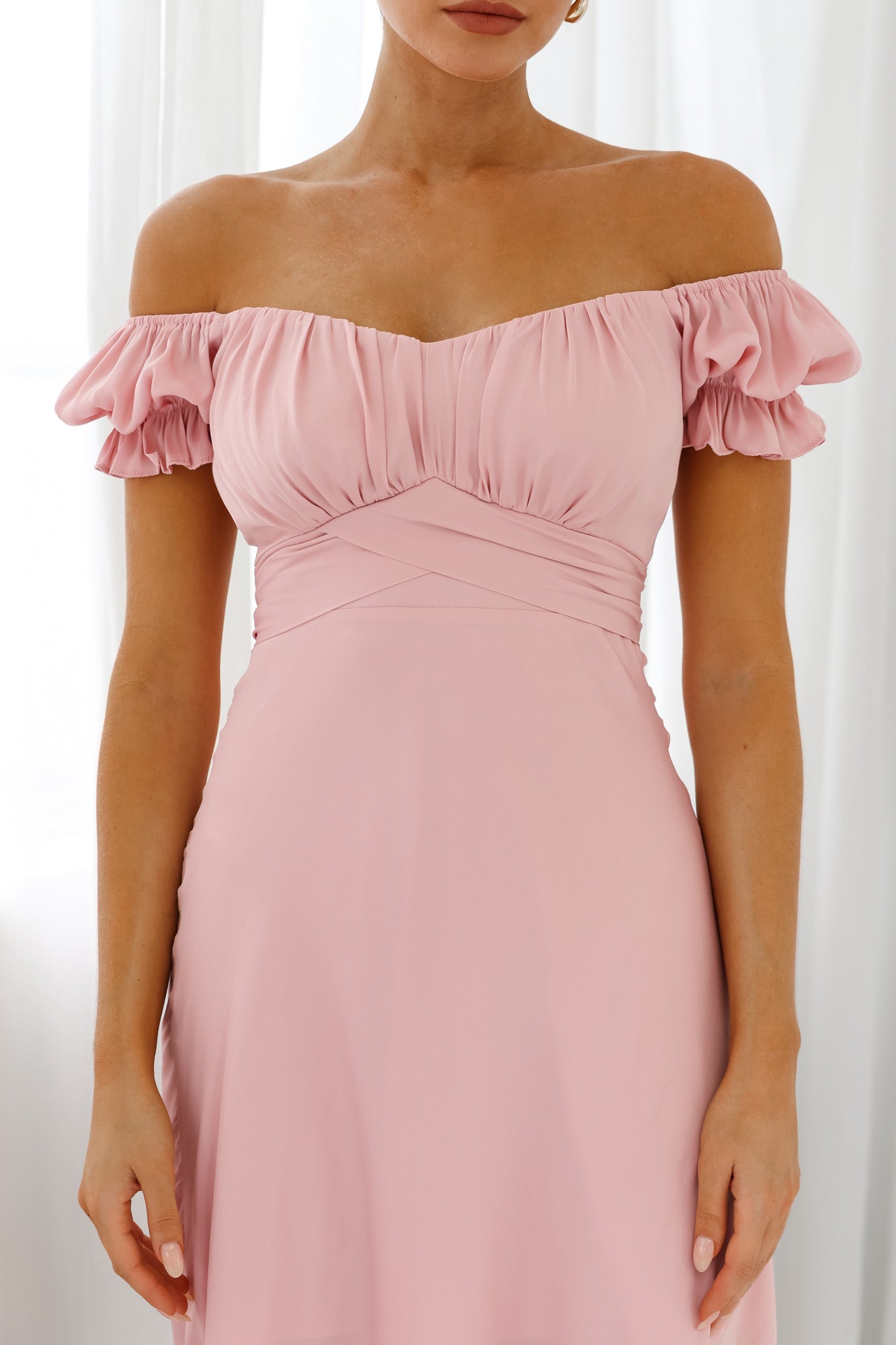 Shop The Linka Off Shoulder Tie Back Midi Dress Blush Selfie Leslie 4037