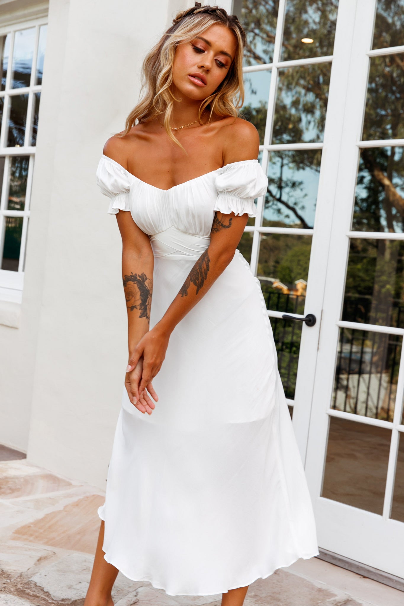 Shop The Linka Off Shoulder Tie Back Midi Dress White Selfie Leslie 3479