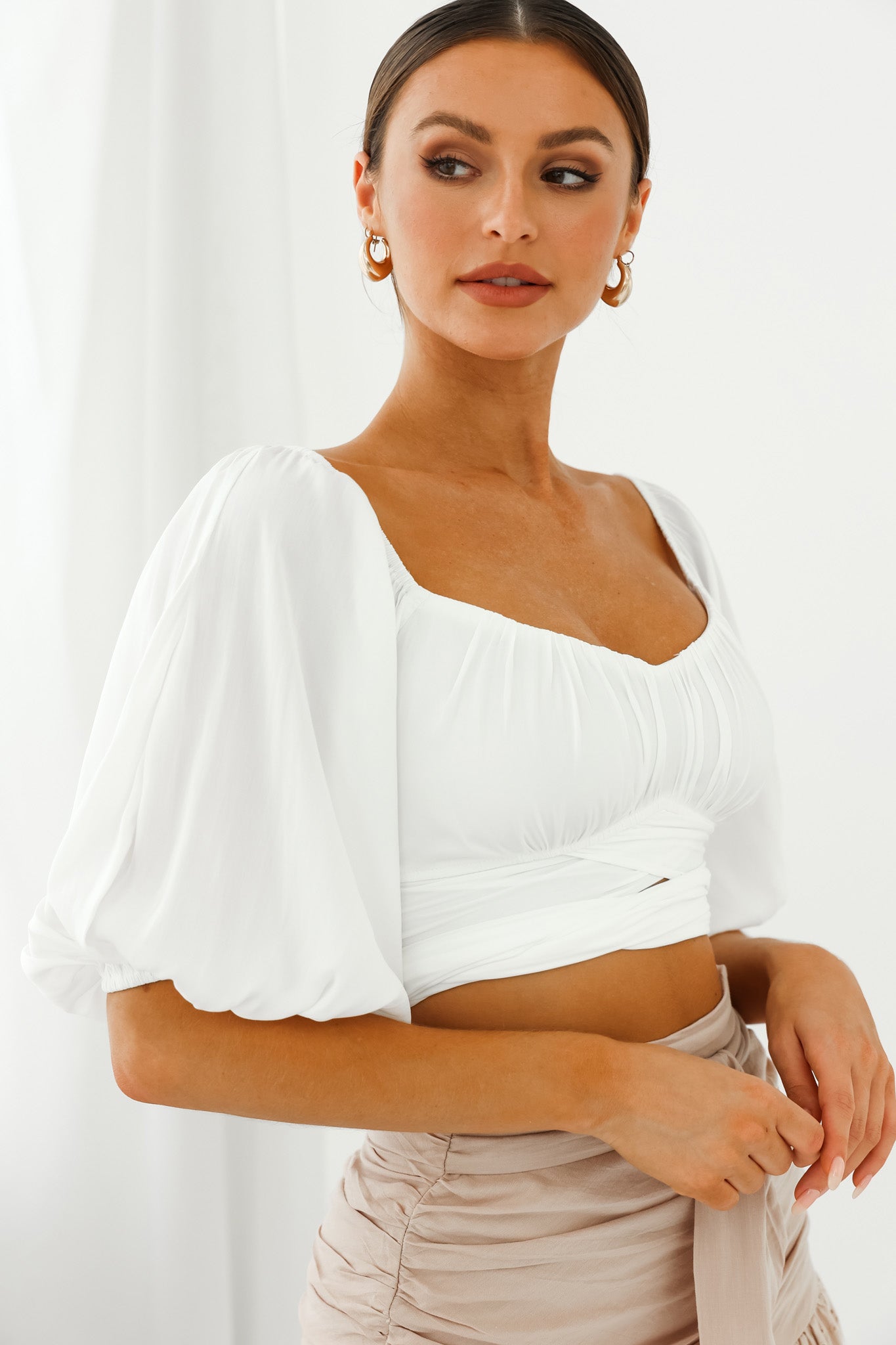 Shop The Linka Off Shoulder Half Sleeve Tie Back Crop Top White Selfie Leslie 8068