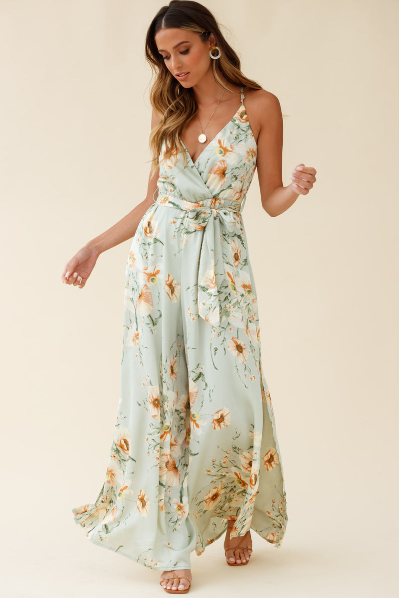 Shop the Miso Wide-Leg Cami Jumpsuit Poppy Print Pistachio | Selfie Leslie