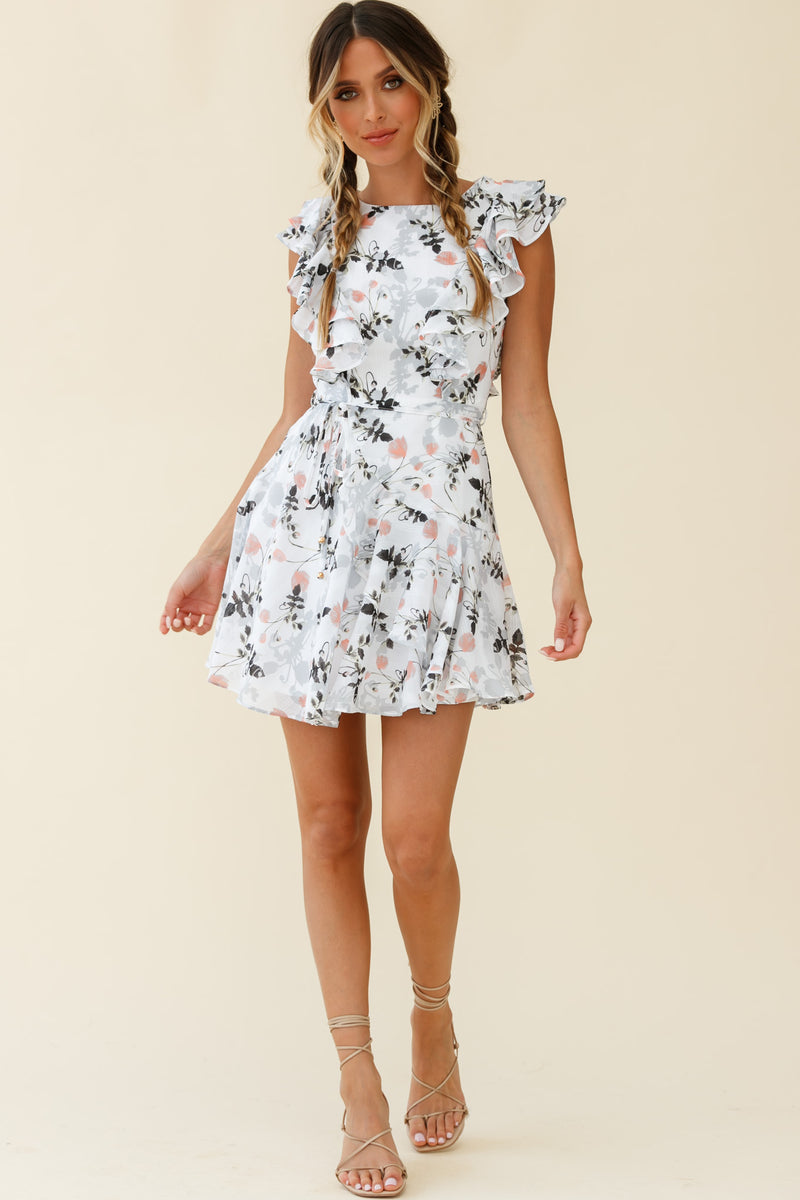 Shop the Wilton Ruffle Shoulder A-Line Dress Floral Print White ...