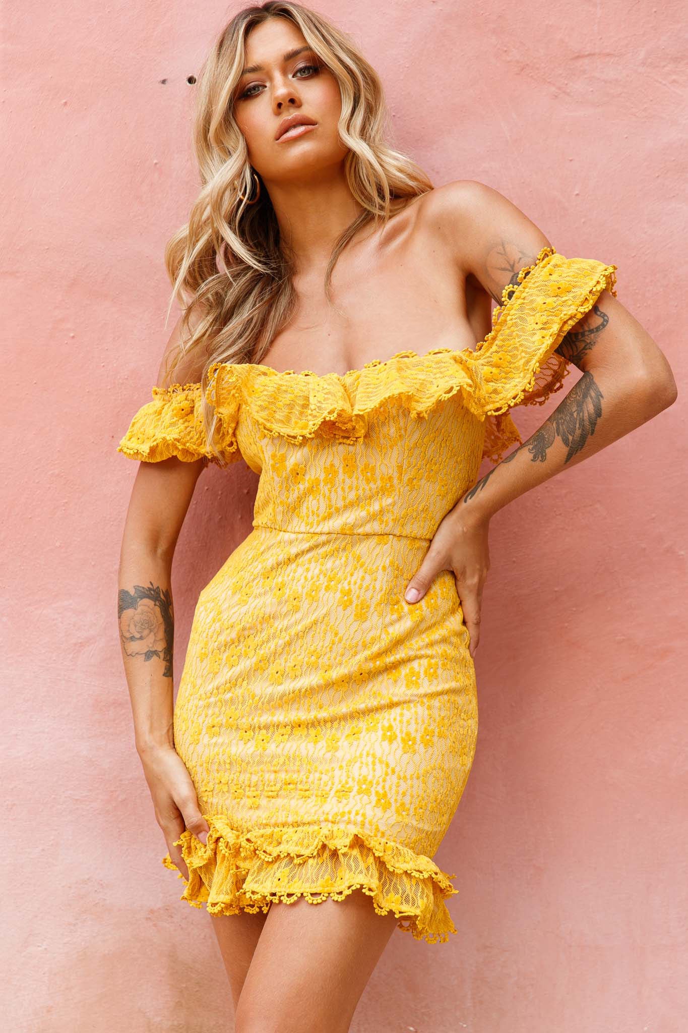 Shop The Bobby Bardot Neckline Floral Lace Overlay Dress Mustard Selfie Leslie