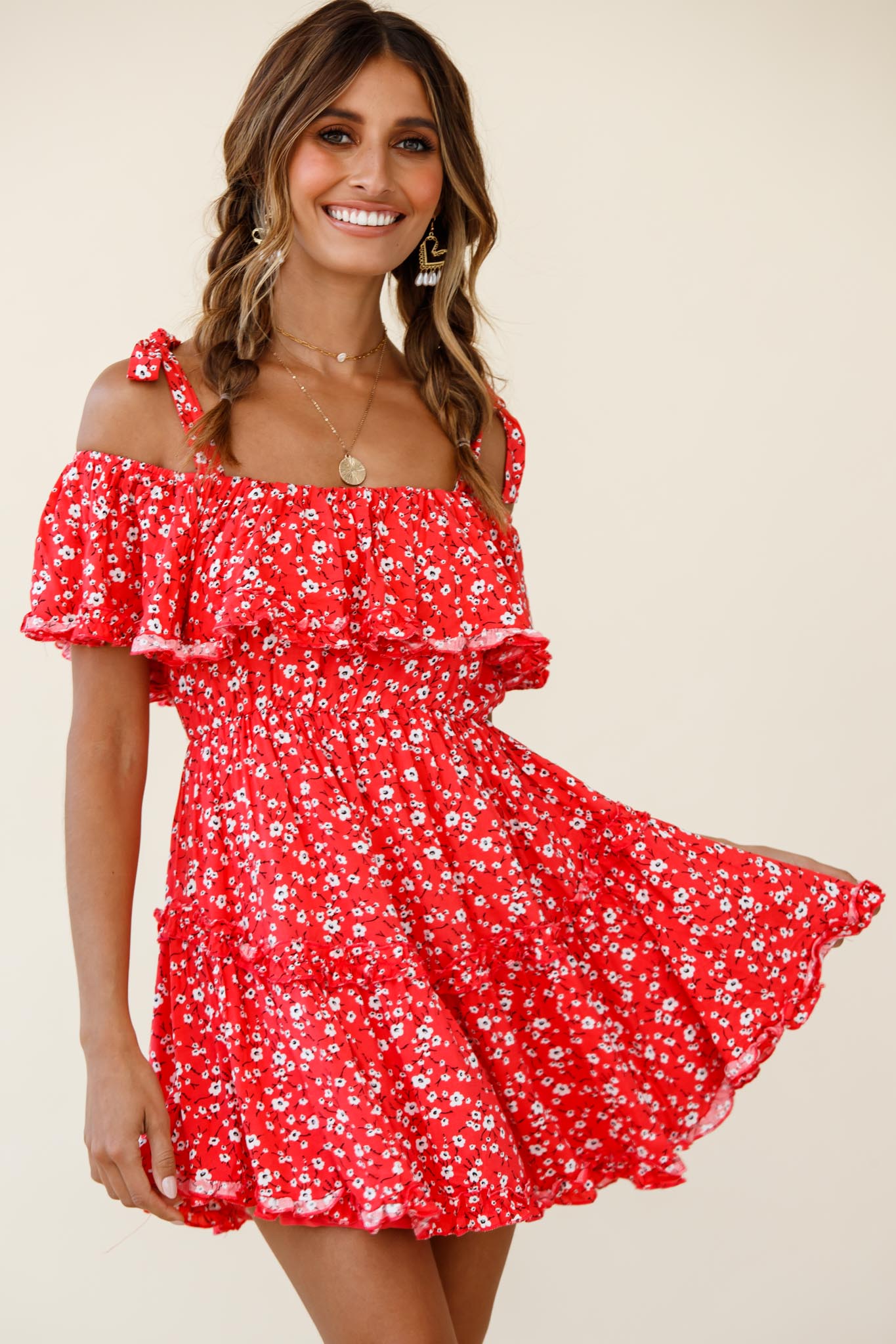 Shop the Hacienda Bardot Neckline Frill Dress Floral Print Red | Selfie ...