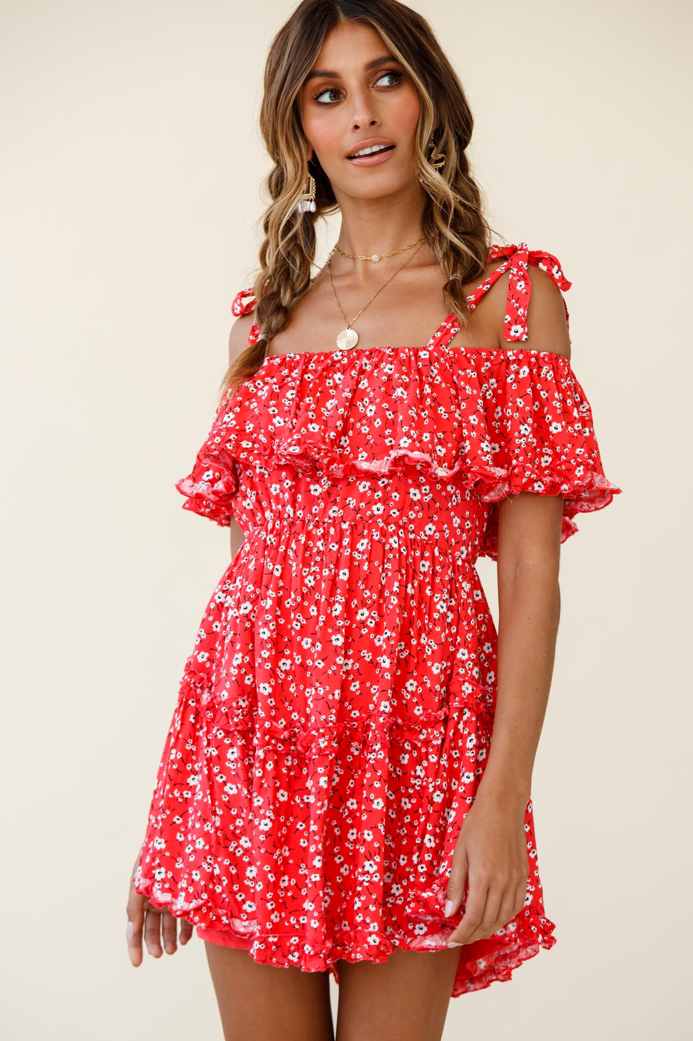 Shop the Hacienda Bardot Neckline Frill Dress Floral Print Red | Selfie ...