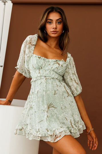 Shop the Kirra Puff Sleeve Ruched Bodice Dress Botanic Print Sage ...