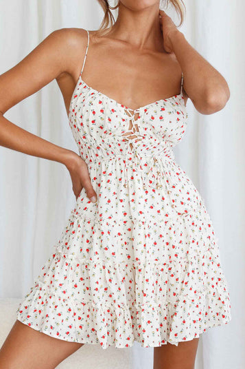 Shop the Josephina Lace-Up Front Cami Strap Mini Dress Floral Print ...