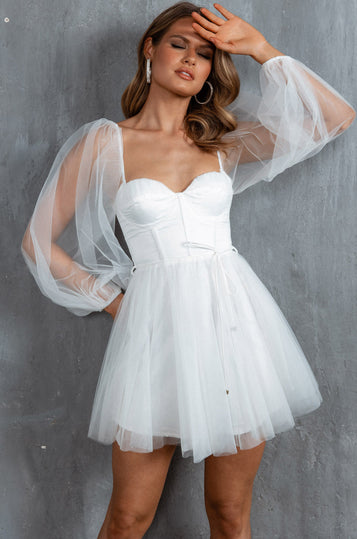 Shop the Fairytale Dream Sheer Sleeve Mini Dress White | Selfie Leslie