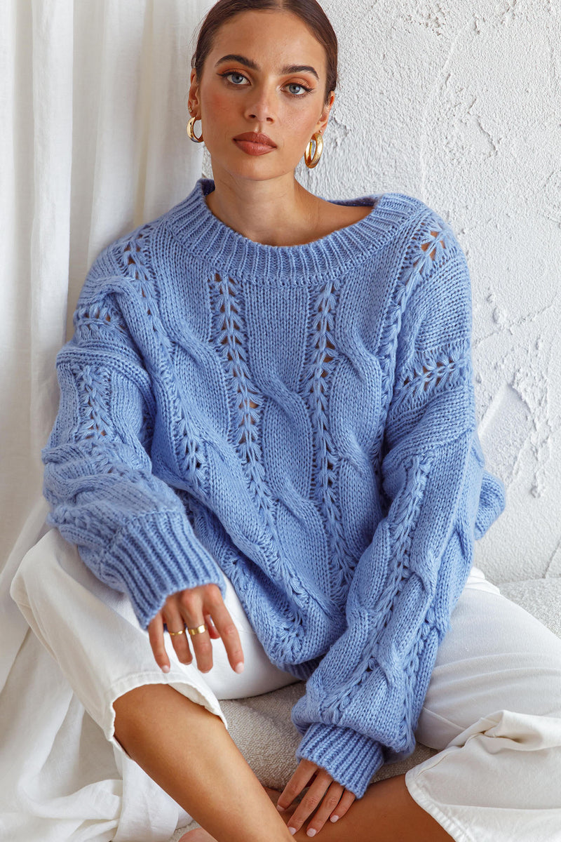 Shop the Nicola Long Sleeve Chunky Cable Knit Sweater Blue | Selfie Leslie