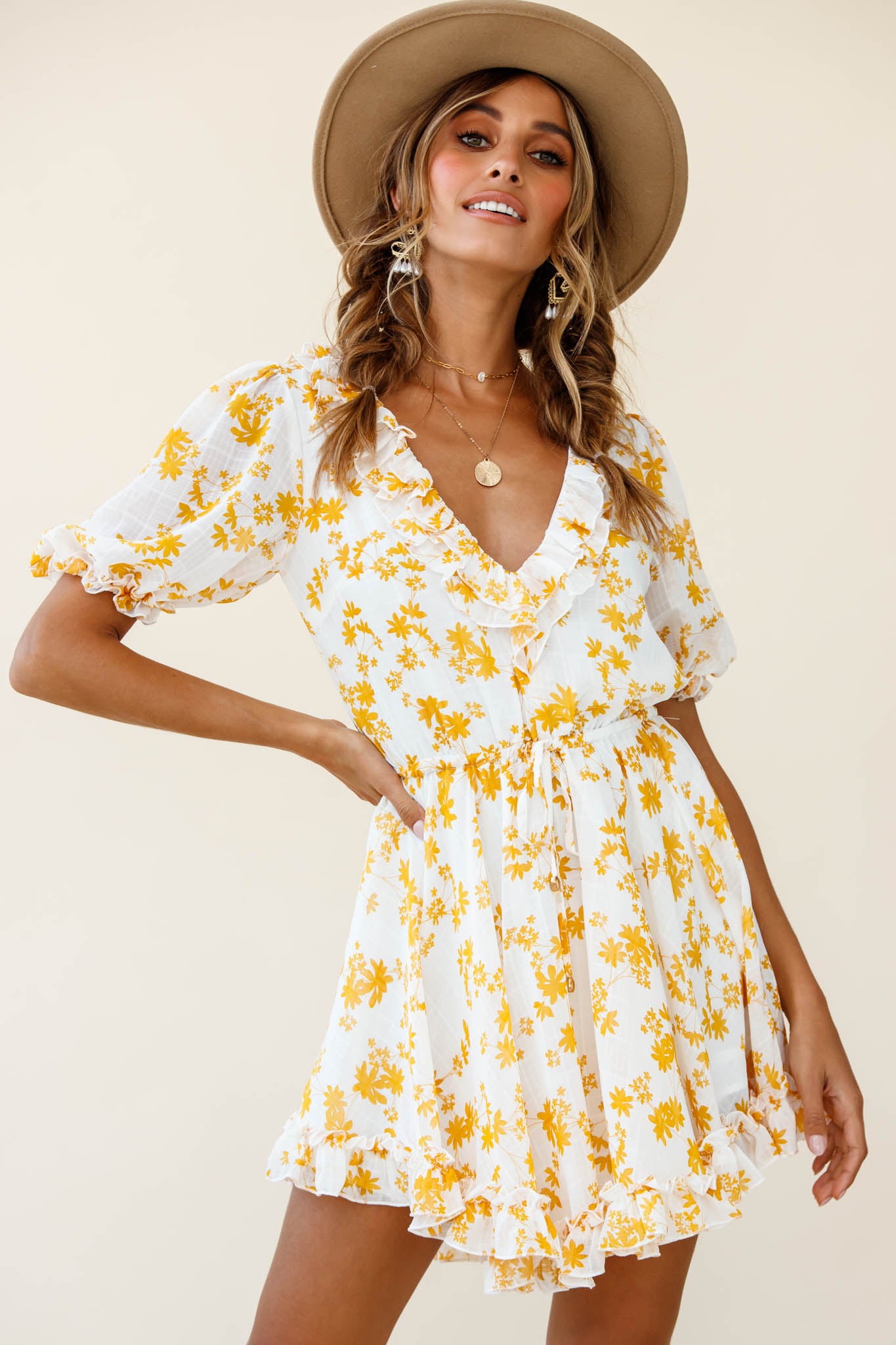 Shop the Brianna Puff Sleeve Drawstring Waist Dress Floral Print Yellow ...