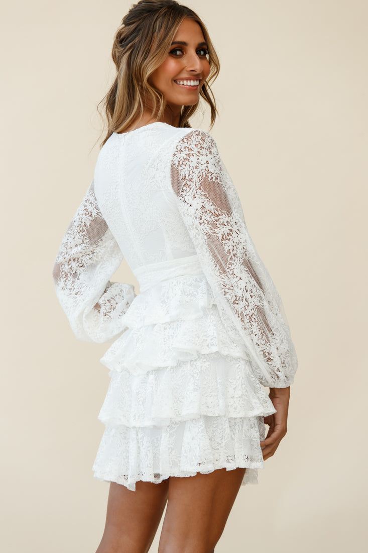 Shop the Queensland Balloon Sleeve Tiered Frill Lace Dress White ...