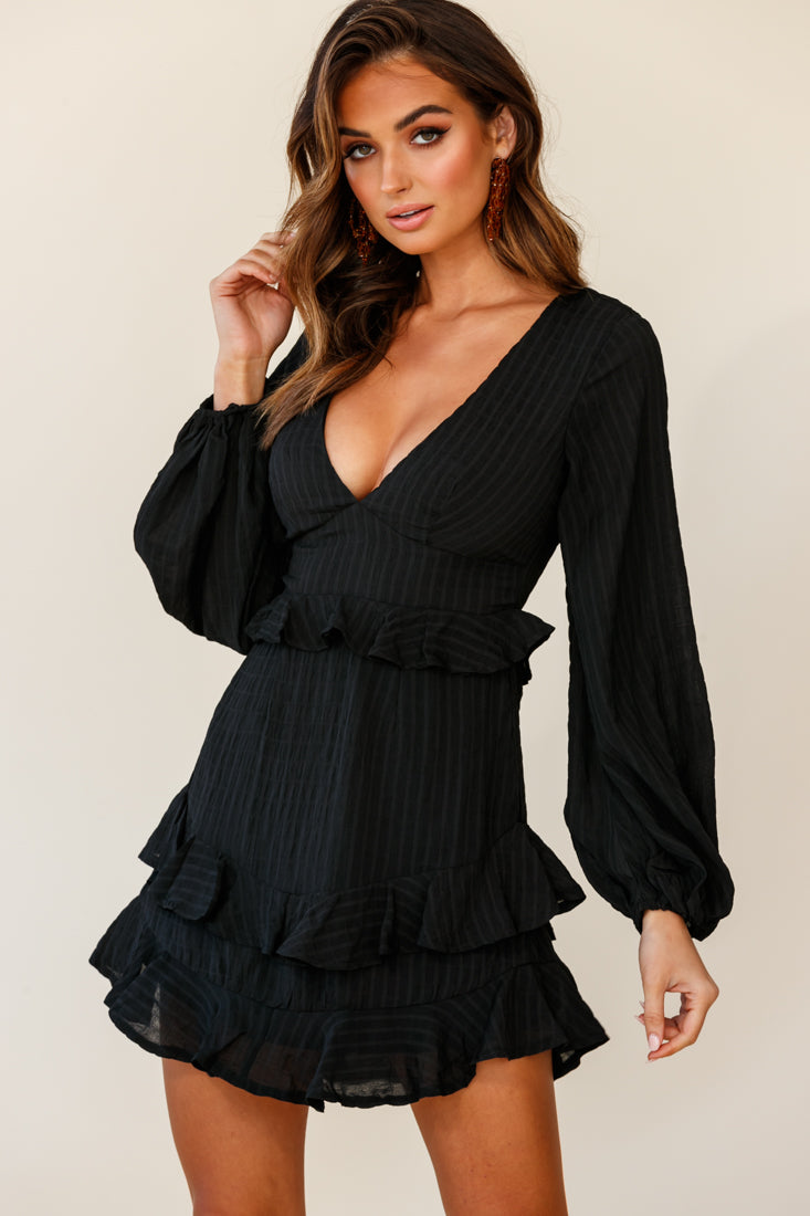 Shop the Queenie Long Balloon Sleeve Ruffle Trim Dress Black | Selfie ...