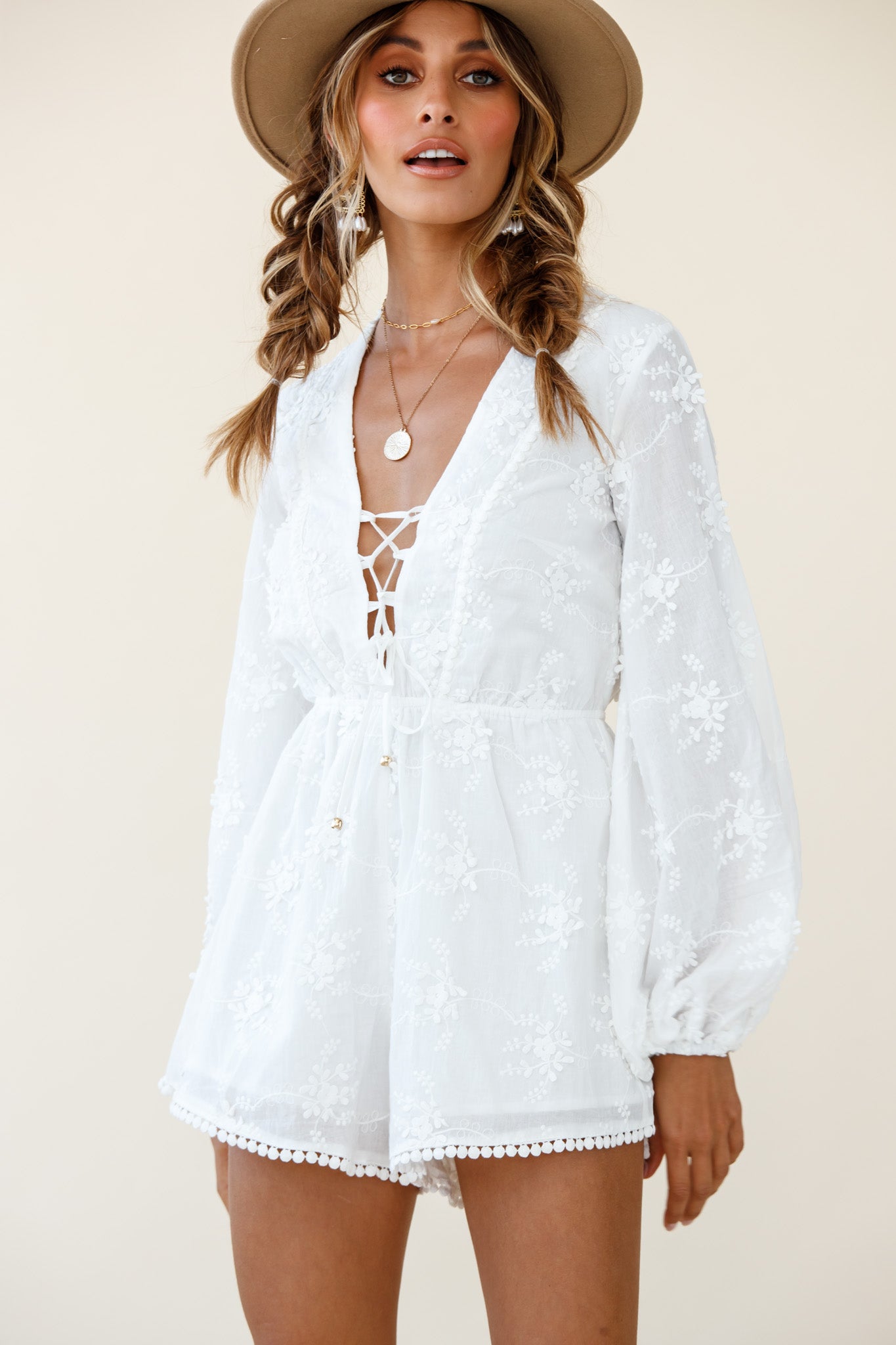 Shop the Esperanza Long Balloon Sleeve Floral Embroidery Romper White ...