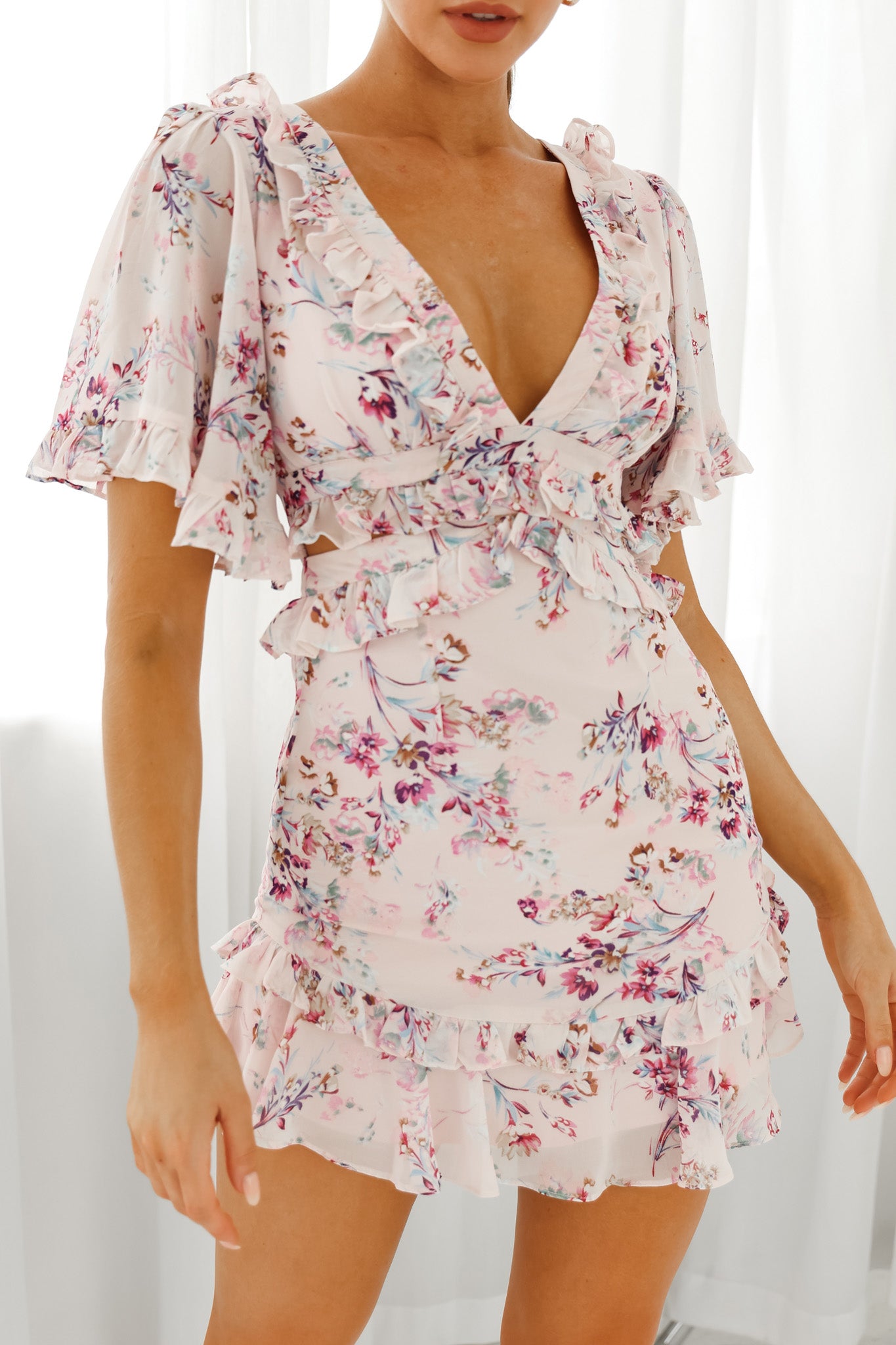 Shop the My Belle Cut-Out Detail Frill Accent Dress Floral Print Pink ...