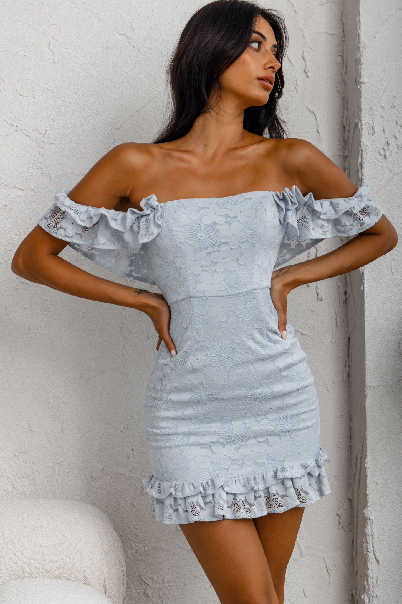 Verona Off-Shoulder Lace Overlay Mini Dress Blue