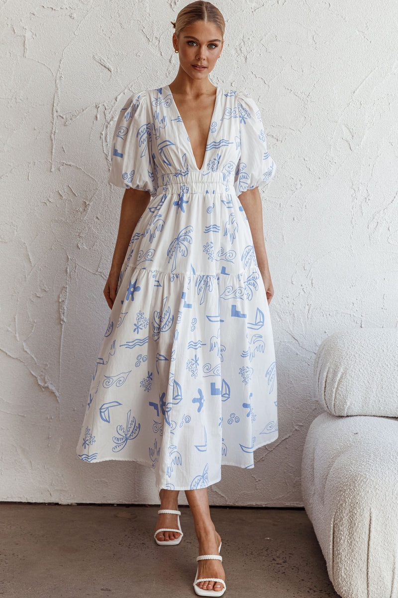 Shop the Summer Land V-Neckline Midi Dress Printed White | Selfie Leslie