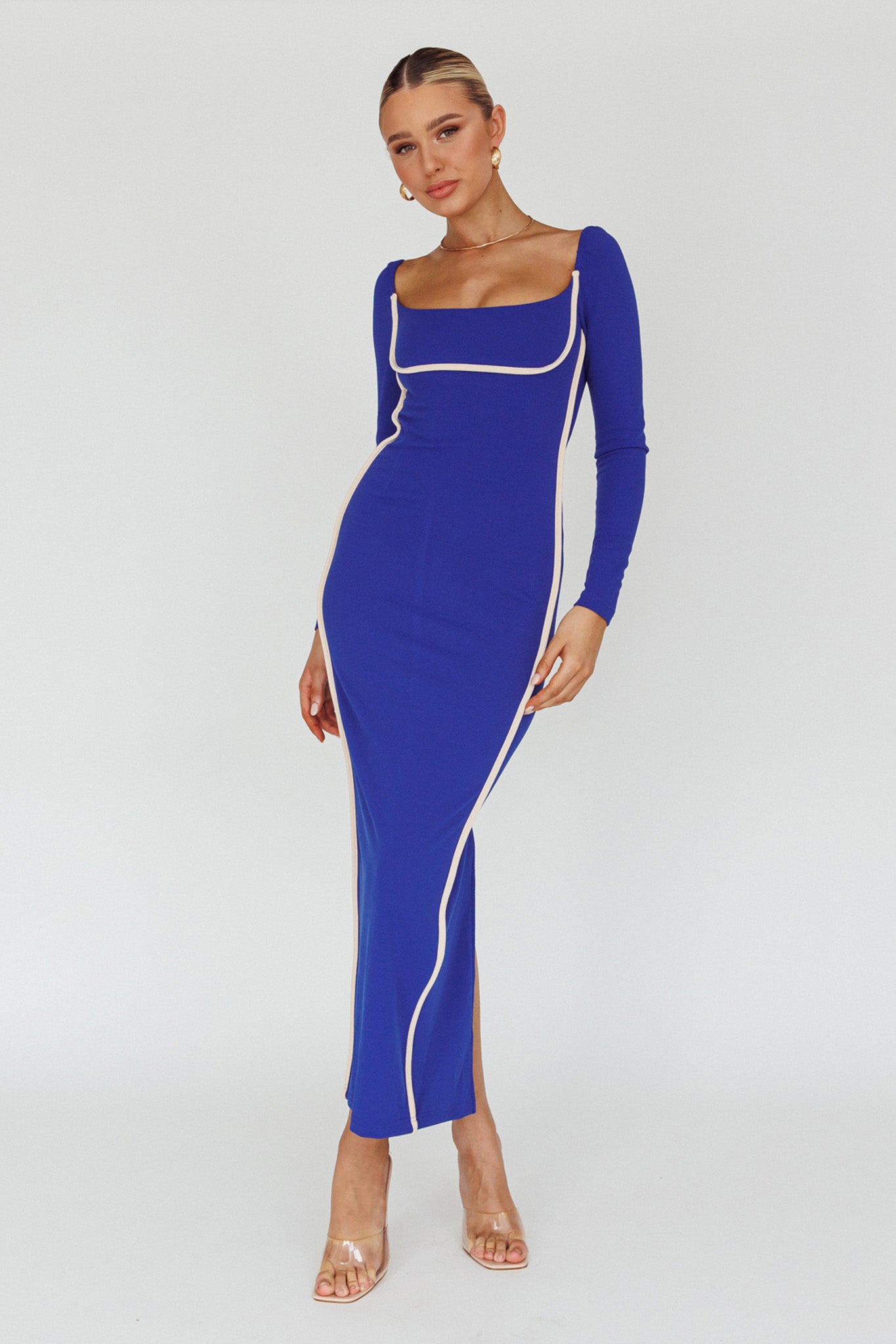 Shop the Sunny Coast Long Sleeve Piping Maxi Dress Blue | Selfie Leslie