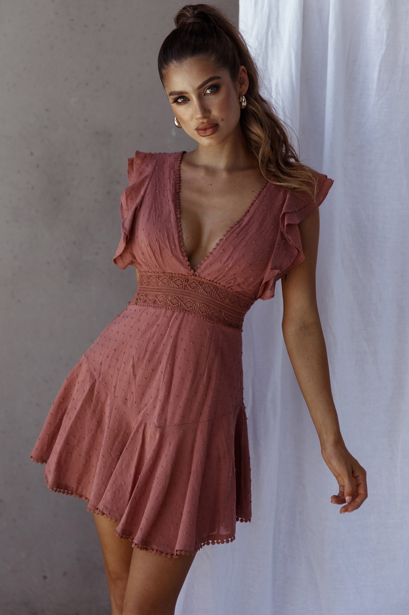 Shop the Idyllwild Ruffle Shoulder Mini Dress Rose | Selfie Leslie