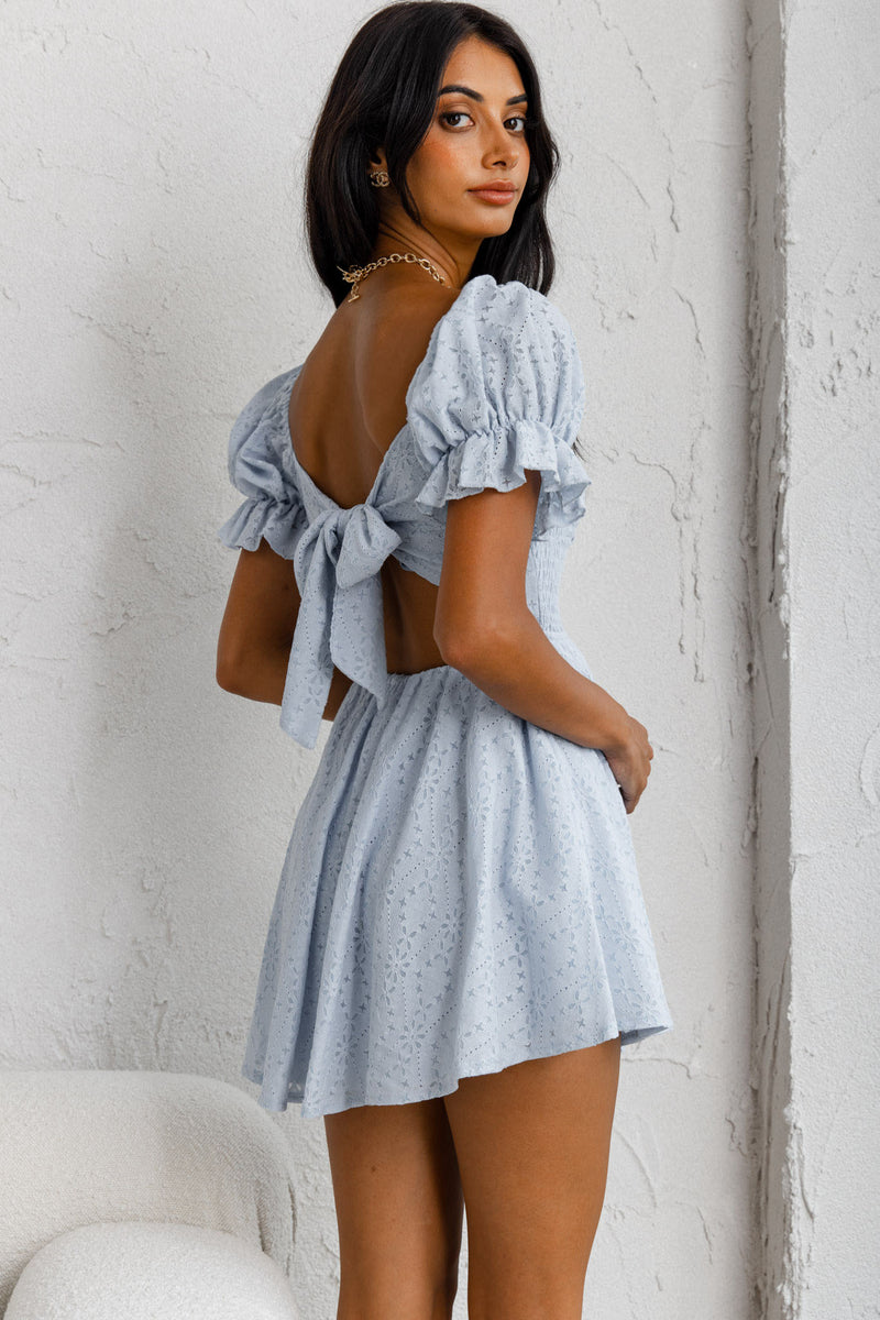 Shop the Buongiorno Bella Shirred Lace Up Bodice Mini Dress Blue ...