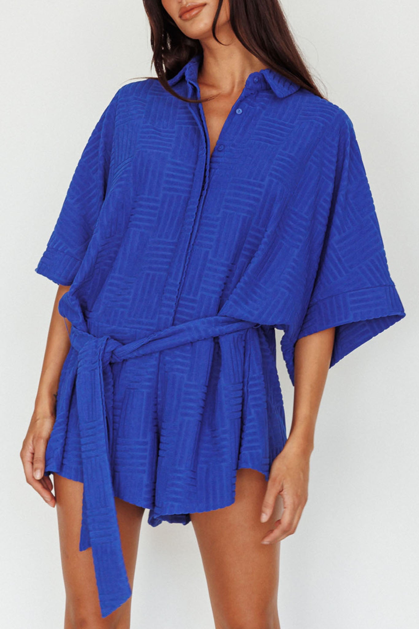 Shop the Daytona Beach Button-Up Romper Textured Blue | Selfie Leslie