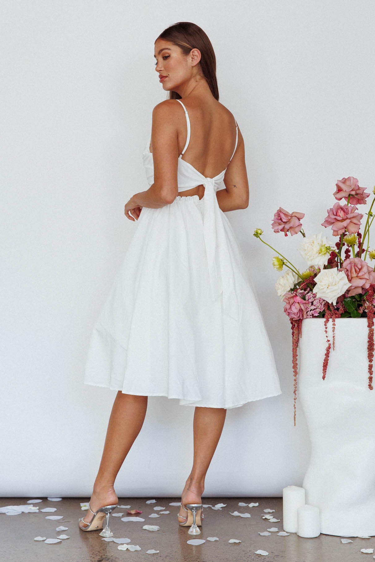 Shop the Salome Tied Back Knee Length Dress White | Selfie Leslie