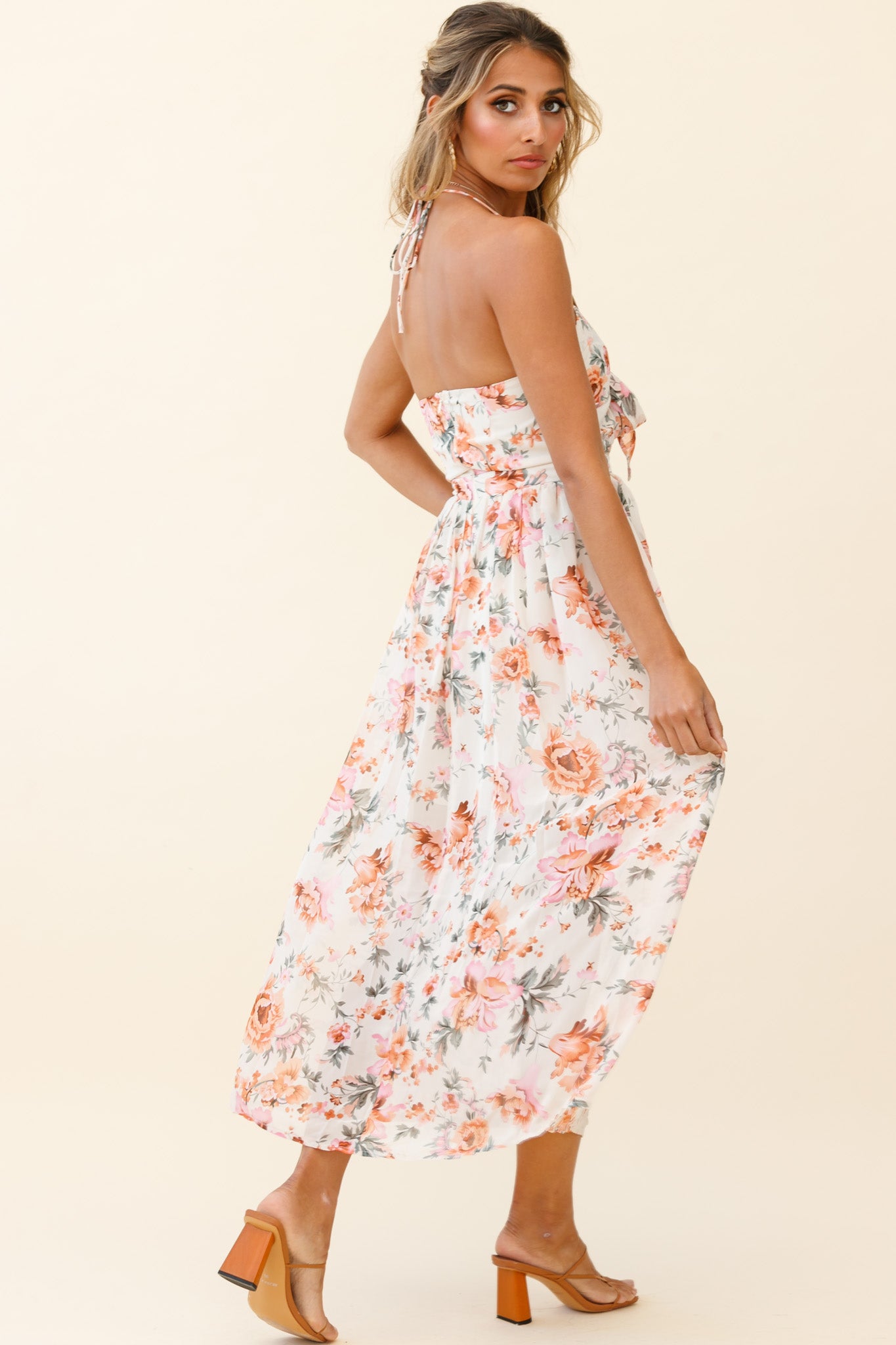 Shop the Los Feliz Tied Bust Halterneck Midi Dress Floral Print Pink ...