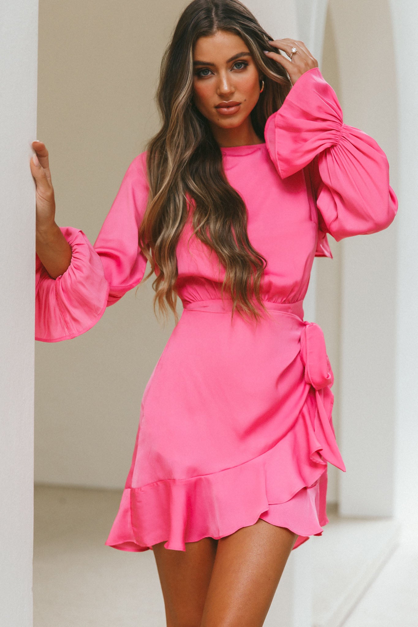 Shop the Darla Long Sleeve Satin Dress Hot Pink | Selfie Leslie