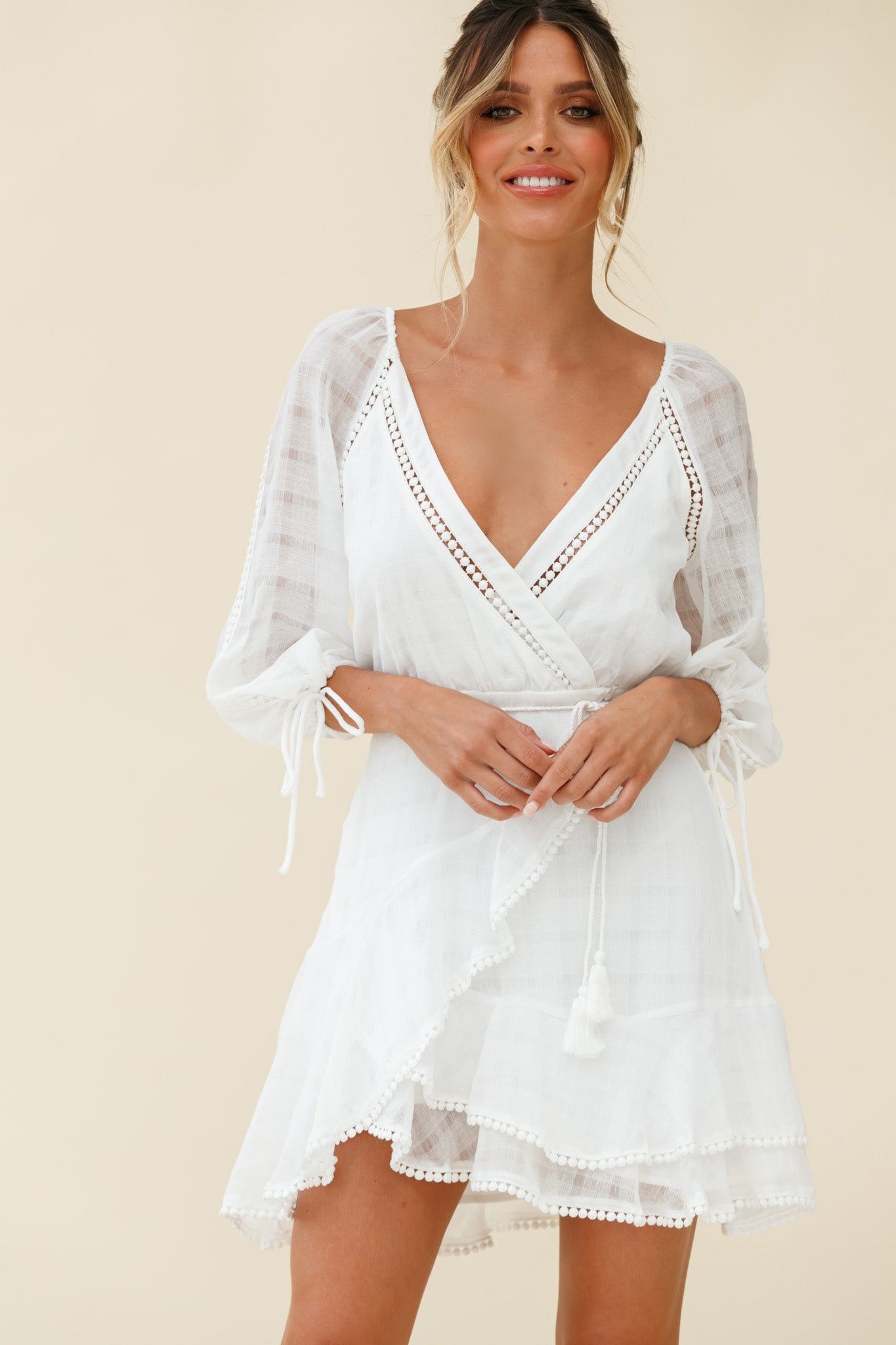 Shop the Wilde Balloon Sleeve Crochet Trim Dress White | Selfie Leslie