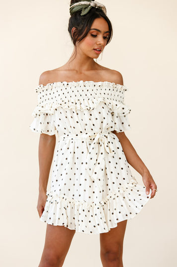 Shop the Rita Shirred Off-Shoulder Dress Polka Dot Print White | Selfie ...