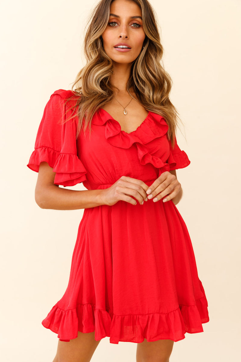 Shop the Malika Angel Sleeve Ruffle Trim Dress Red | Selfie Leslie