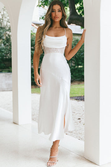 Shop the Golden Era Cowl Neck Lace Waist Midi Dress White | Selfie Leslie