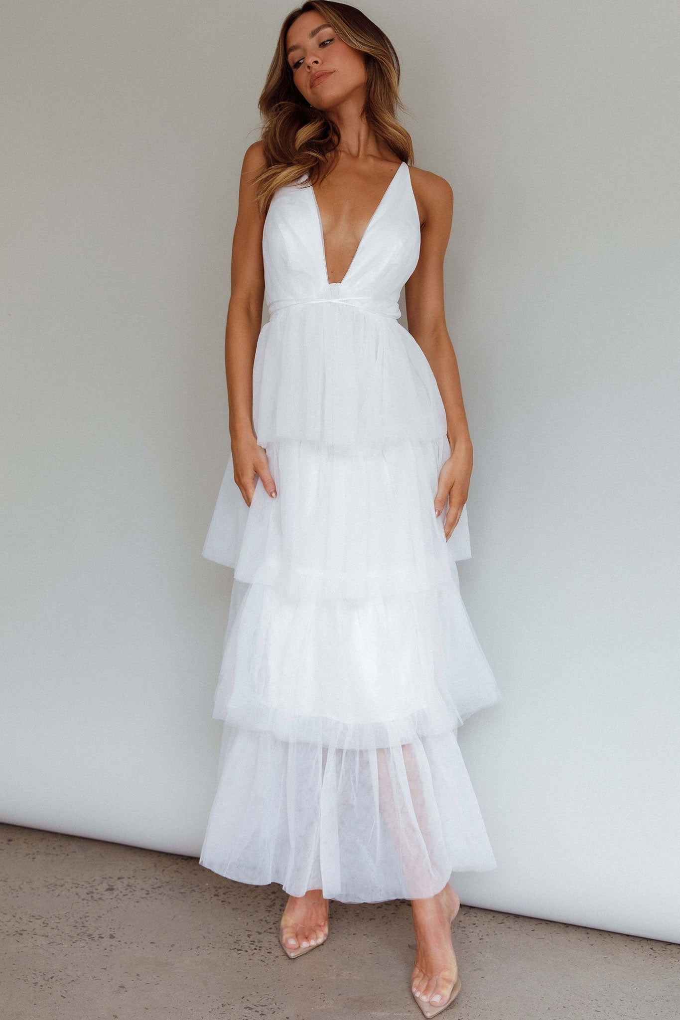 Shop the Auguste Tiered Frill Midi Dress White | Selfie Leslie