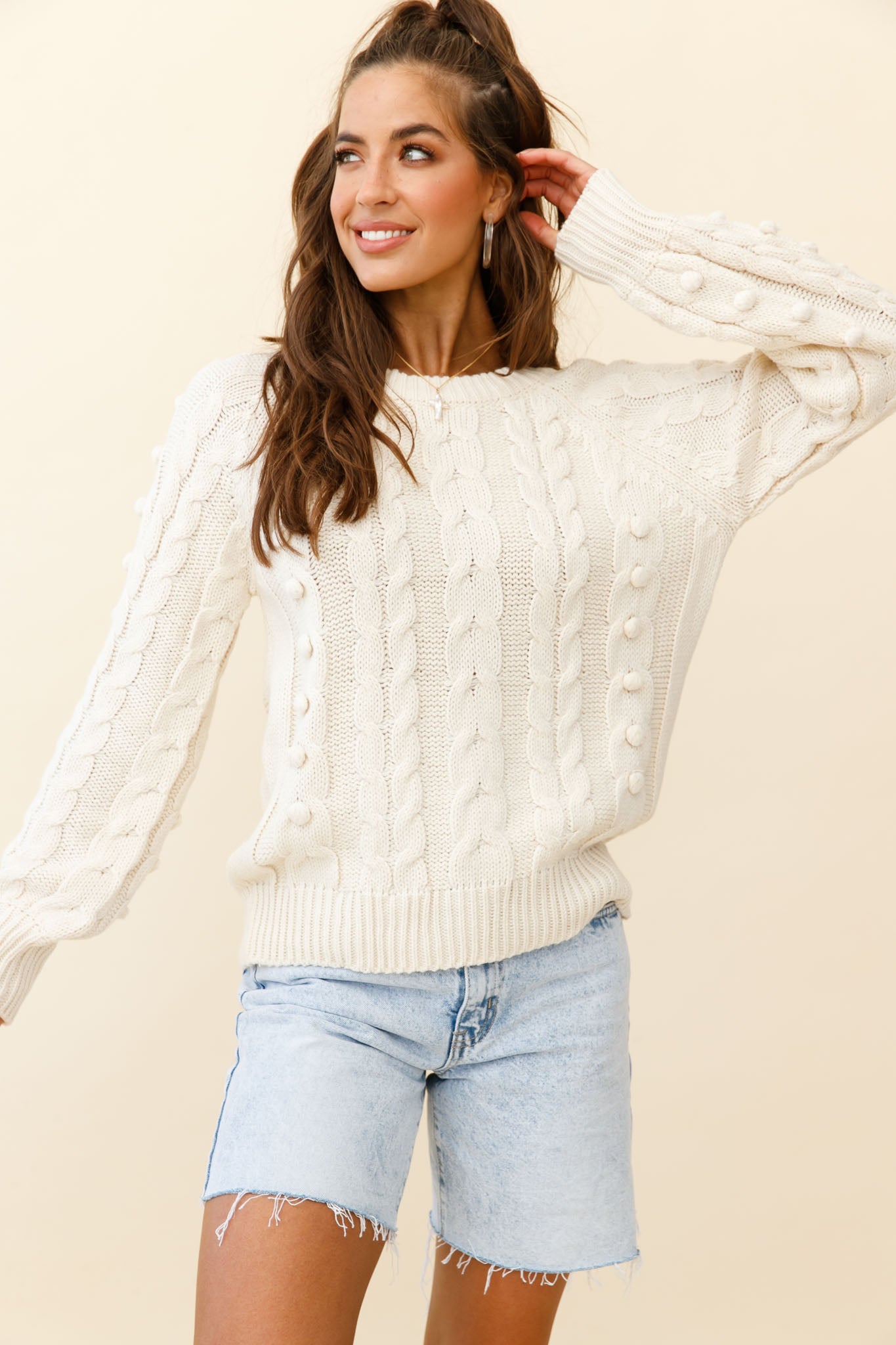 Shop the Bestie Pom Pom Detail Cable Knit Sweater Cream | Selfie Leslie