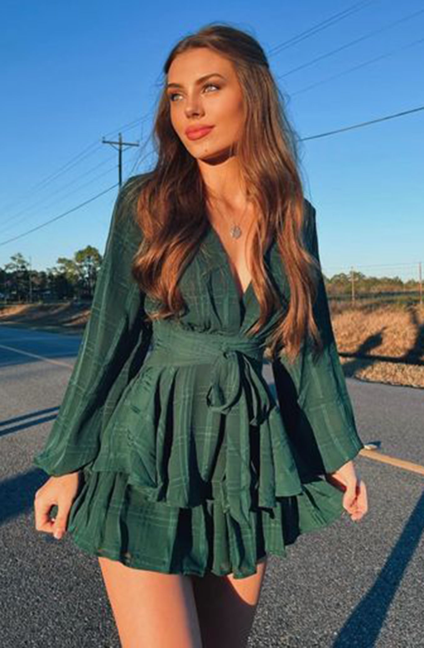 Shop the Maddox Fit & Flare Long Sleeve Romper Forest Green | Selfie Leslie