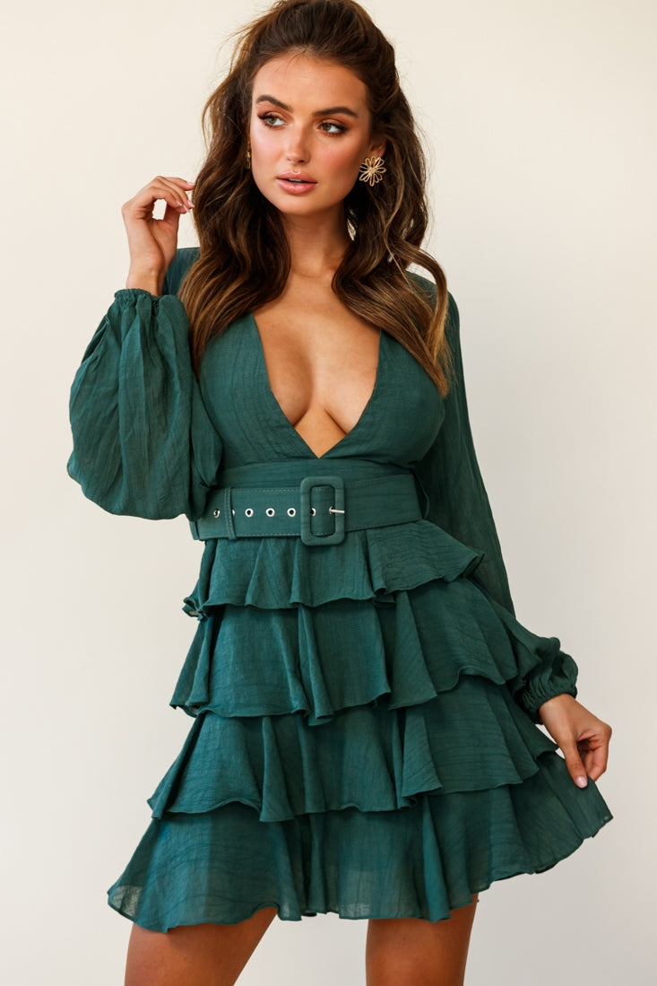 Shop the Queensland Balloon Sleeve Tiered Frill Belt Dress Green ...