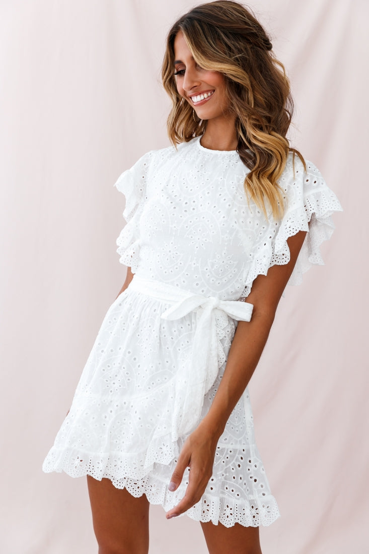 Shop the Lena Frill Detail Broderie Anglaise Dress White | Selfie Leslie