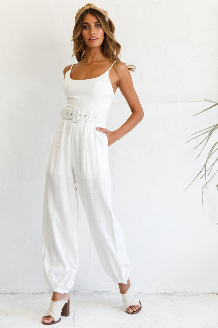 Shop the Santa Barbara Cuffed Hem Belted Jumpsuit White | Selfie Leslie