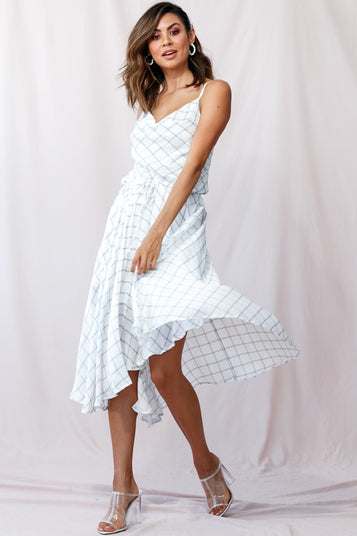 Shop the Ava Cowl Neck Drawstring Midi Dress Check Print White | Selfie ...